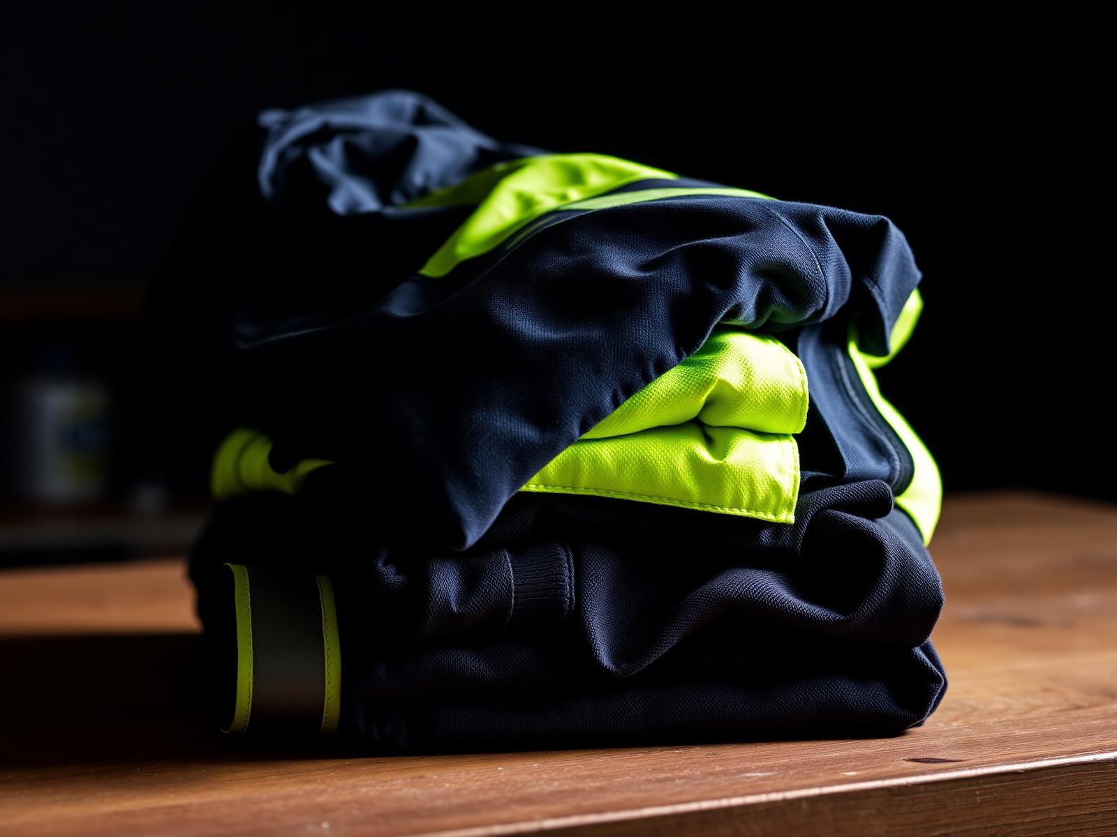 Stack of decorated workwear — navy hoodie with embroidered chest logo and a hi-vis safety jacket