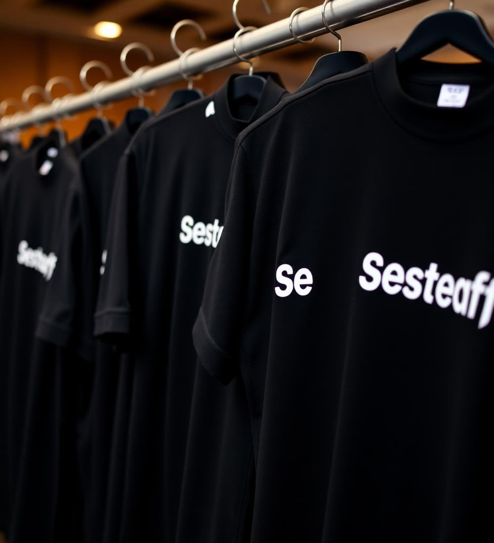 Event staff branded tees on rail